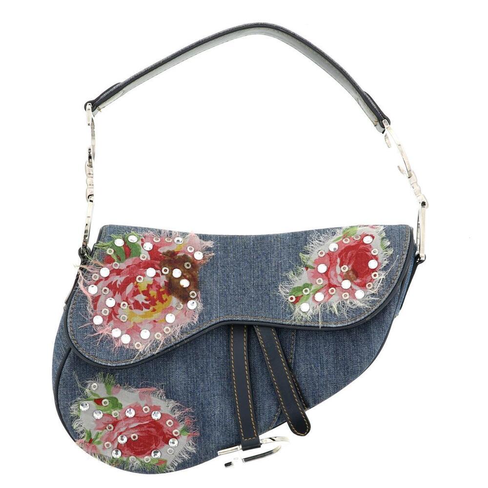 Christian Dior Denim Lace Embroidered Saddle Bag Shoulder Clutch Blue